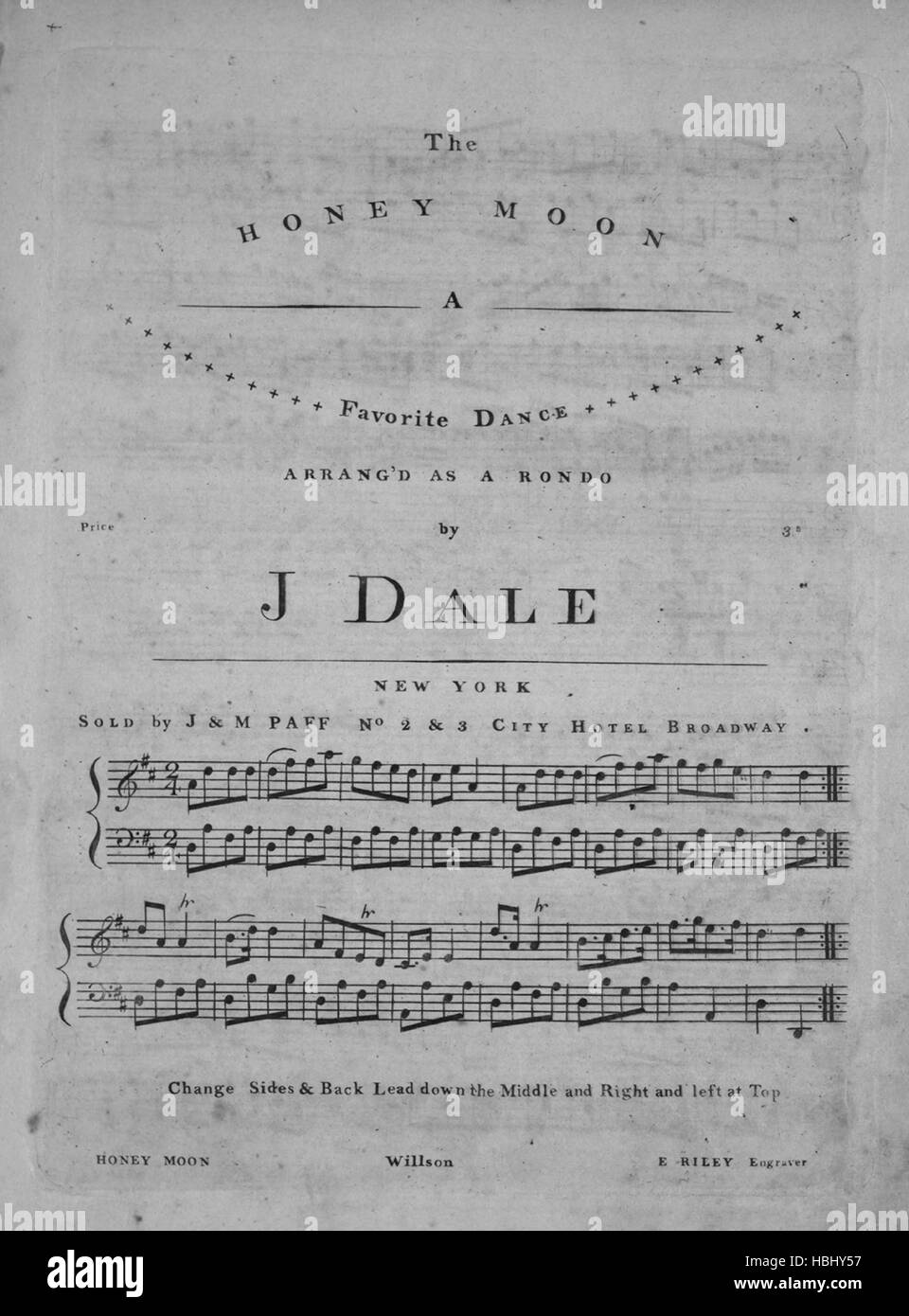 Foglio di musica immagine copertina della canzone "La luna di miele di una danza preferiti [include istruzioni di danza]', con paternitã originale lettura delle note "Arrang'd come Rondo da J Dale', Stati Uniti, 1900. . L'editore è elencato come 'Sold da J. E M. Paff, n. 2 e 3 City Hotel, Broadway', la forma della composizione è 'sectional', la strumentazione è 'piano', la prima riga indica 'Nessuno', e l'illustrazione artista è elencato come "E. Riley incisore'. Foto Stock