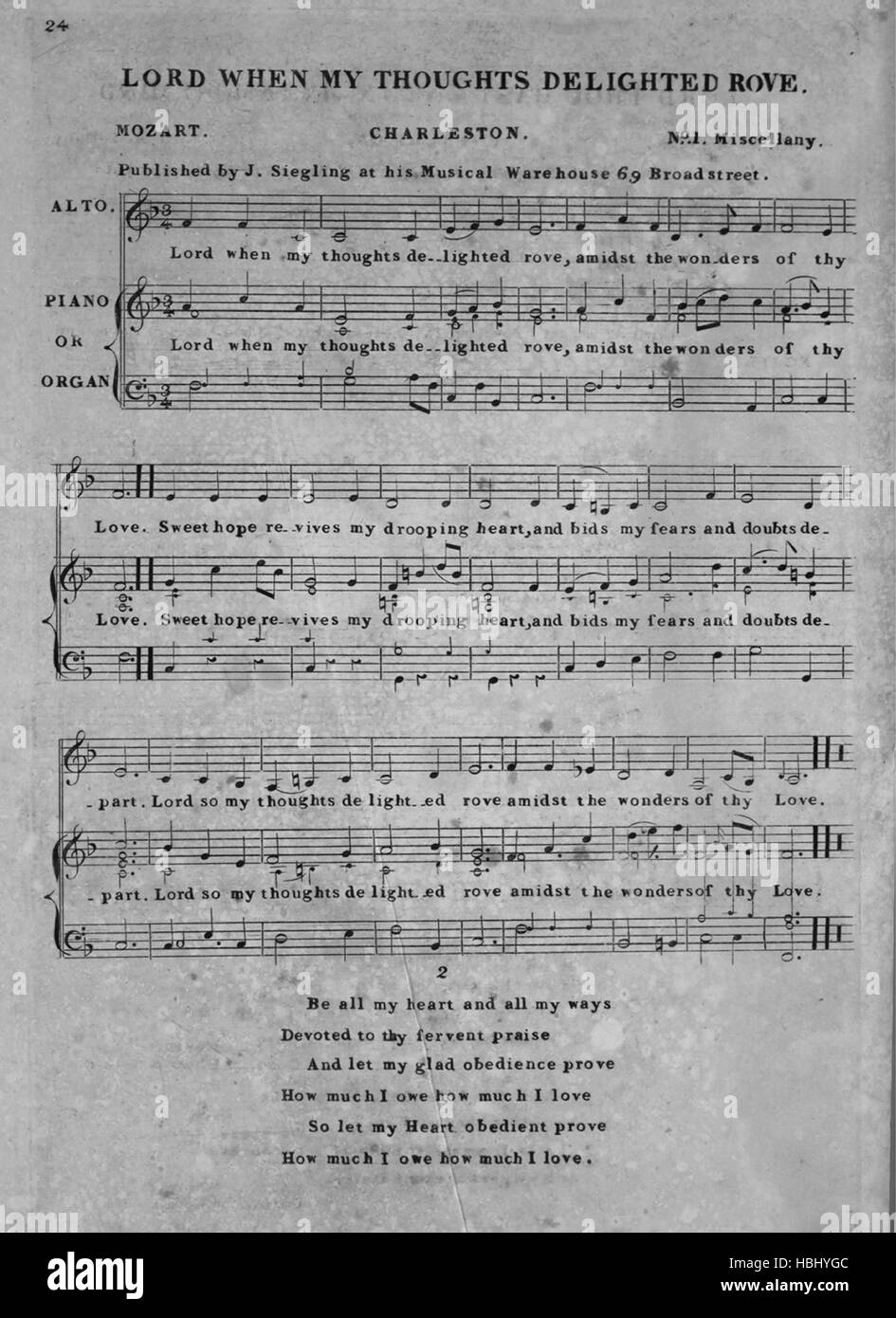 Foglio di musica immagine copertina della canzone "Signore quando i miei  pensieri felici stoppino', con paternitã originale lettura note 'Mozart',  1900. L'editore è elencato come "J. Siegling, 69 Broad Street', la forma