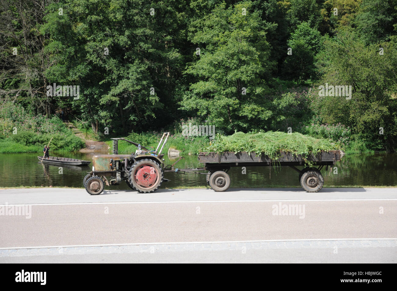 Vecchio Fendt-trattore, carro con erba Foto Stock