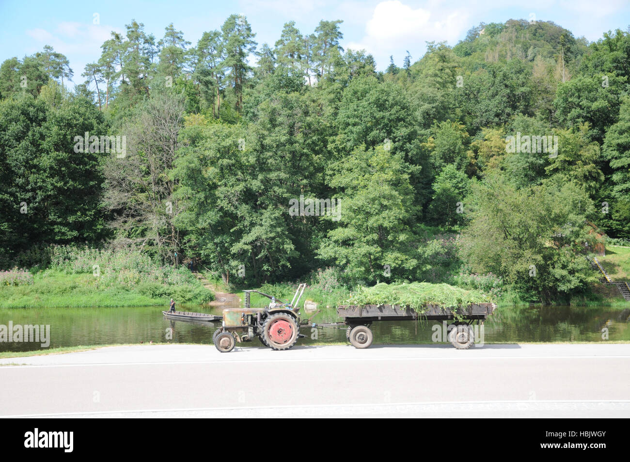 Vecchio Fendt-trattore, carro con erba Foto Stock