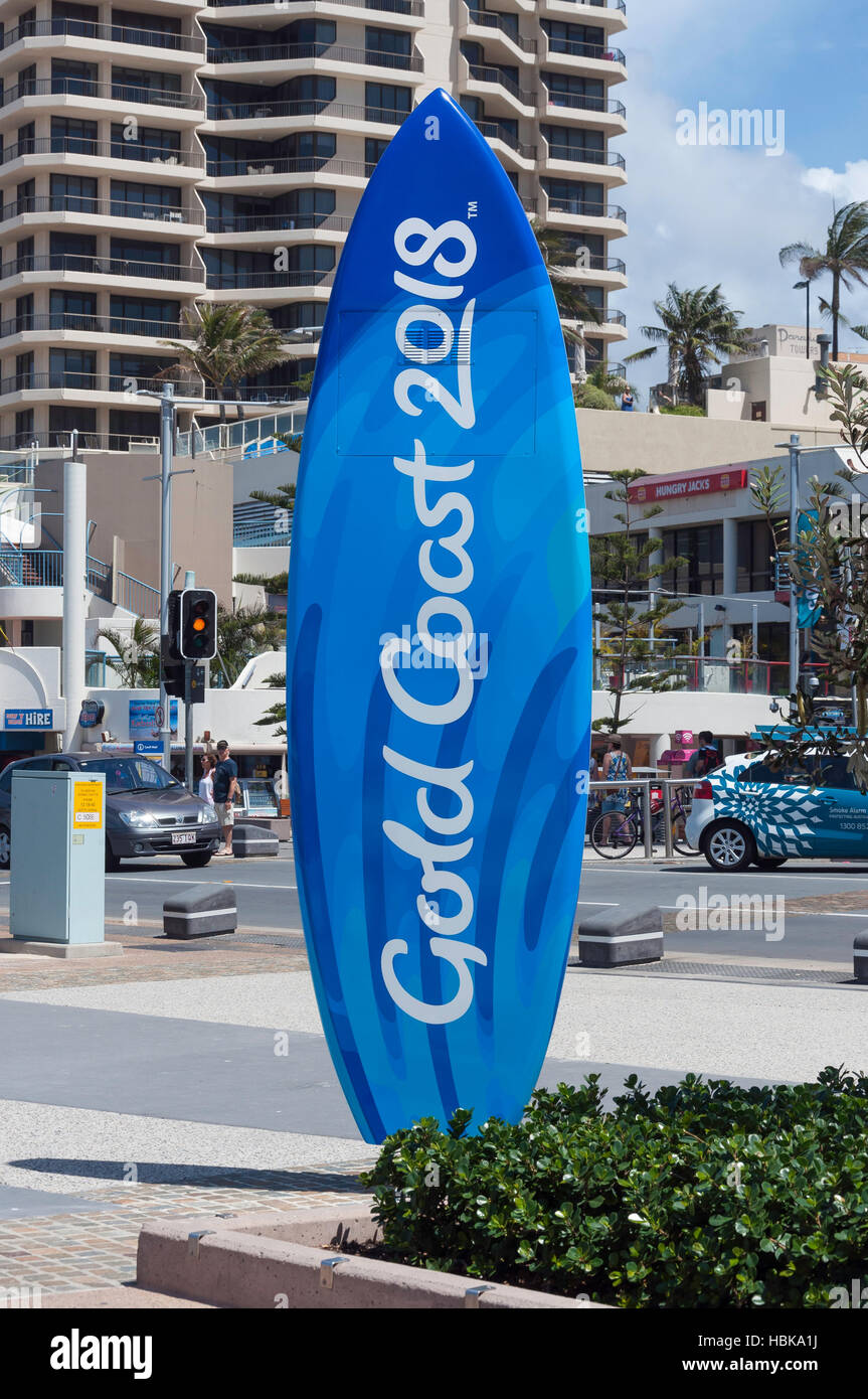 Giochi del Commonwealth 2018 Gold Coast segno delle tavole da surf, Esplanade, Surfers Paradise, Città di Gold Coast, Queensland, Australia Foto Stock