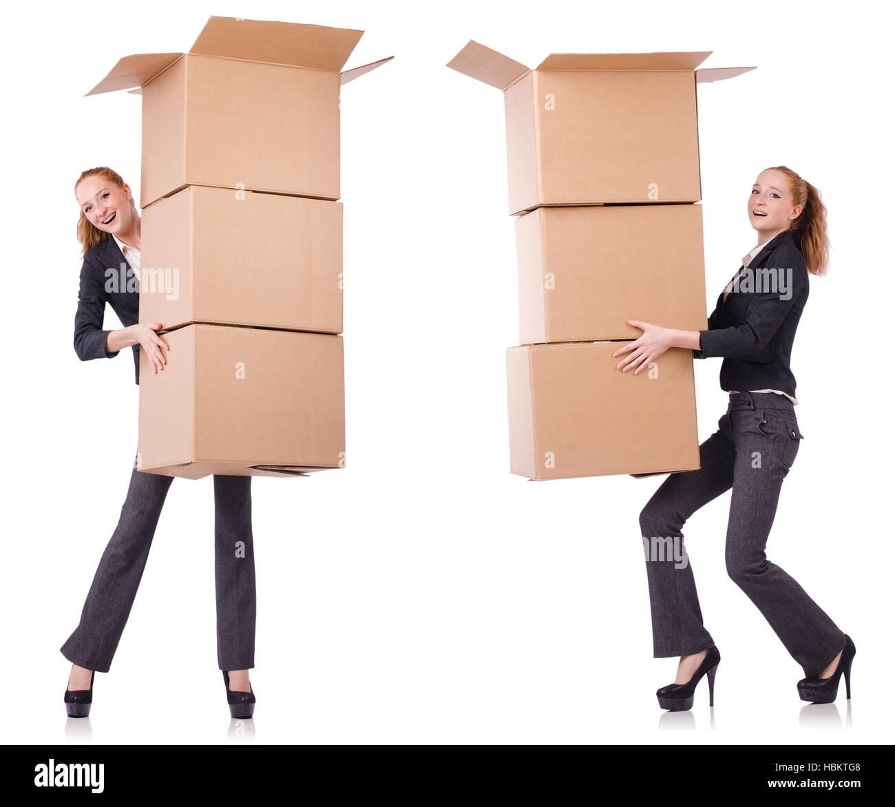 Imprenditrice con scatole isolato su bianco Foto Stock