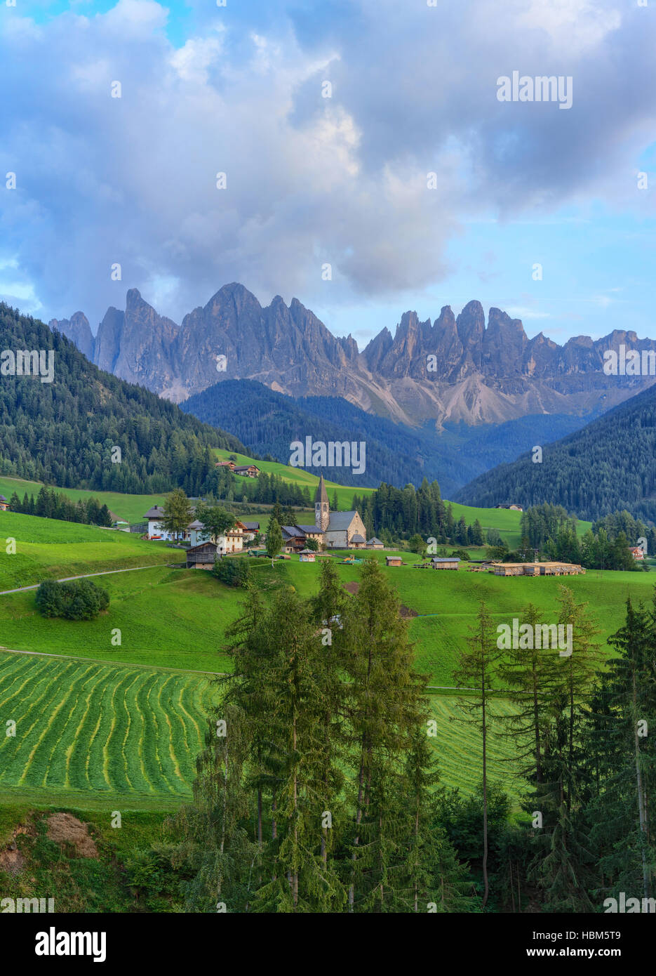 Alpine, alpi, sfondo, chiesa, di, dolomite, dolomiti, europa, famosa foresta, Funes, verde collina, italiano, Italia, Johann, Foto Stock
