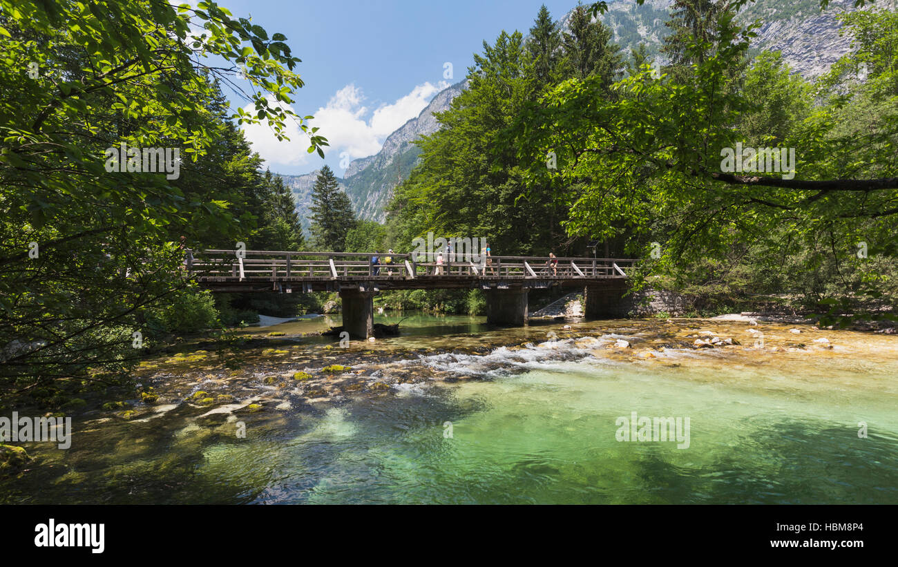 Sul bordo del Parco Nazionale del Triglav, Alta Carniola, Slovenia. Visitatori attraversando ponte sul fiume Sava Bohinjka river, noto anche come Savika r Foto Stock
