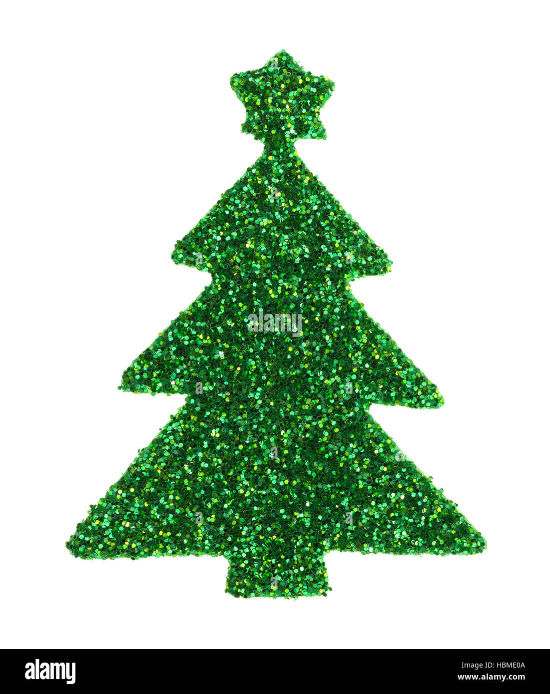 Un verde glitter albero di Natale sticker isolato su uno sfondo bianco. Foto Stock