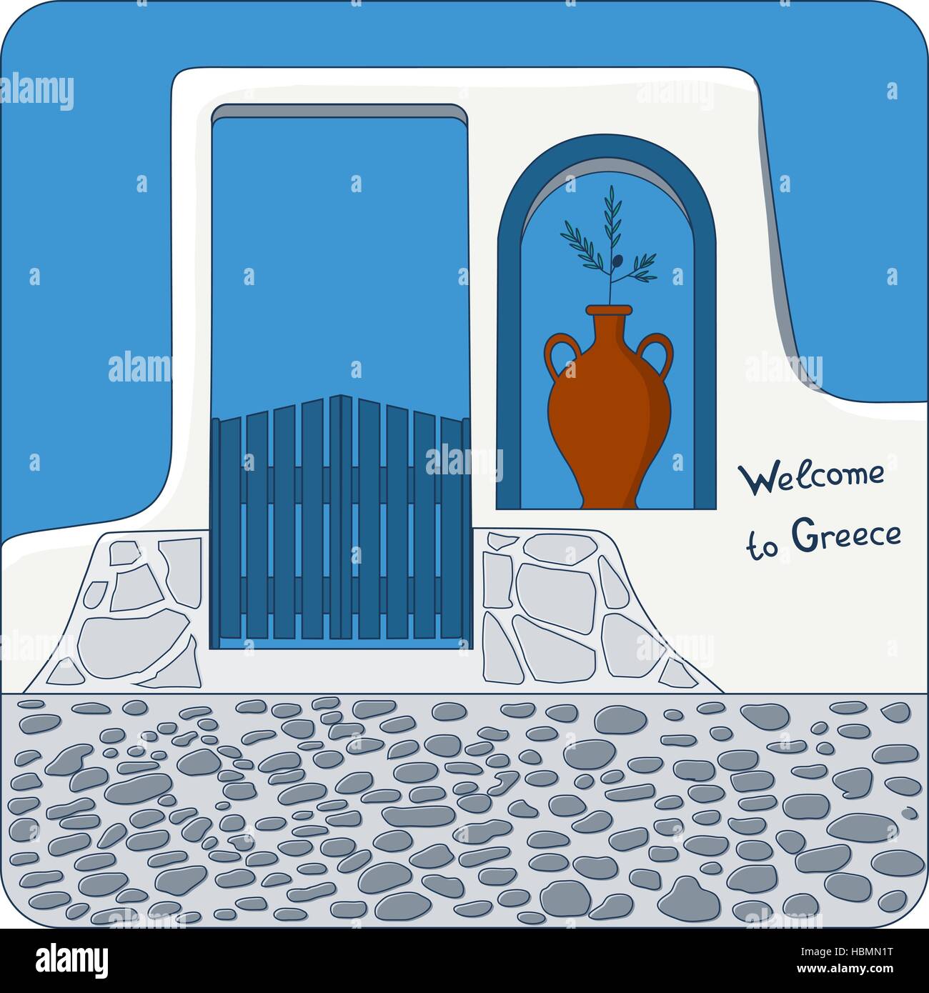 Blue gate nella parete con "Benvenuti in Grecia " invito e olive branch nel vaso illustrazione vettoriale Illustrazione Vettoriale