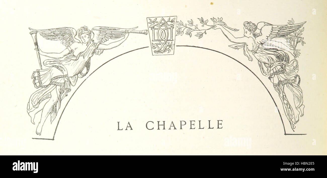 Illustrazione che raffigura Château d'Anet e la città di Anet, che mostra l'architettura del castello, le strade, gli edifici, i giardini, e contesto storico dal x secolo ad oggi. Foto Stock