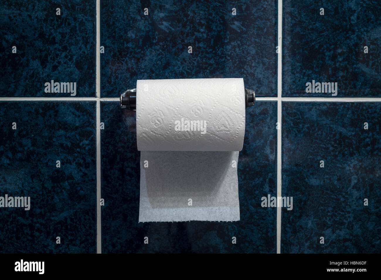 Rotolo di carta igienica su un supporto blu sulla parete piastrellata Foto Stock