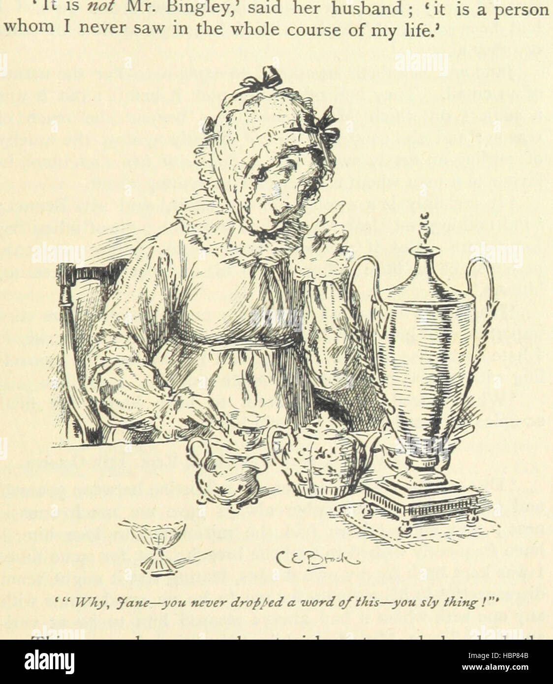 Pagina che raffigura il romanzo "orgoglio e pregiudizio", con personaggi, trama, impostazioni, dialogo, struttura narrativa, interazioni sociali, eventi, conflitti e illustrazioni correlate alla storia. Foto Stock