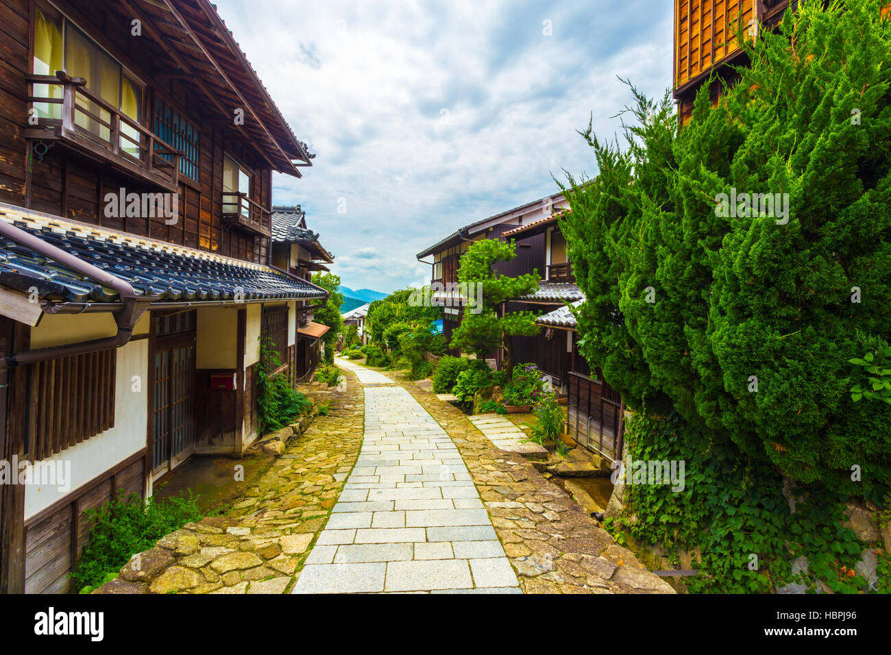 Sentiero Nakasendo fitta case di legno Magome Foto Stock