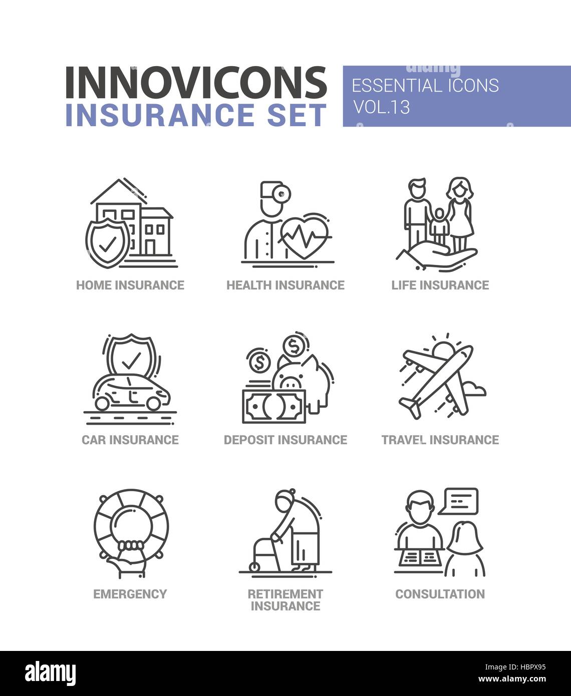 Tipi di assicurazione linea design set di icone Illustrazione Vettoriale