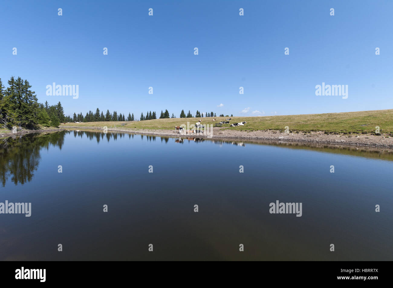Vista del lago alpino di Schwartzsee Foto Stock
