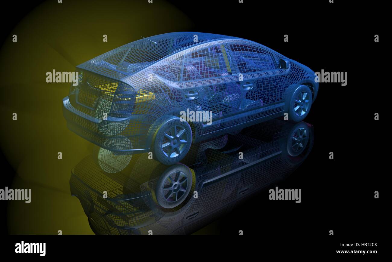 Trasparente blu telaio di filo elettrico auto. Vista posteriore. 3D render Foto Stock