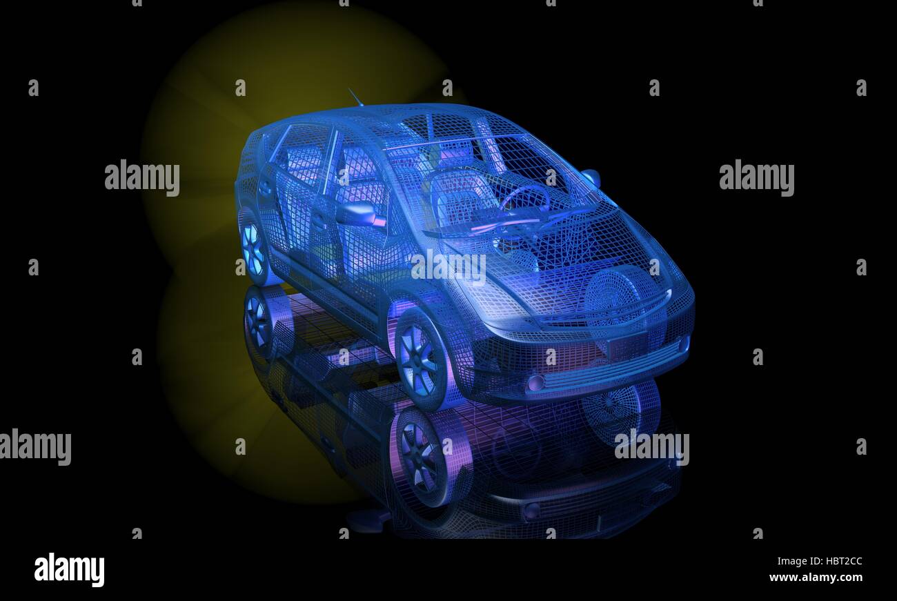 3D render di telaio di filo blu elettrico auto . Anteriore / vista laterale Foto Stock