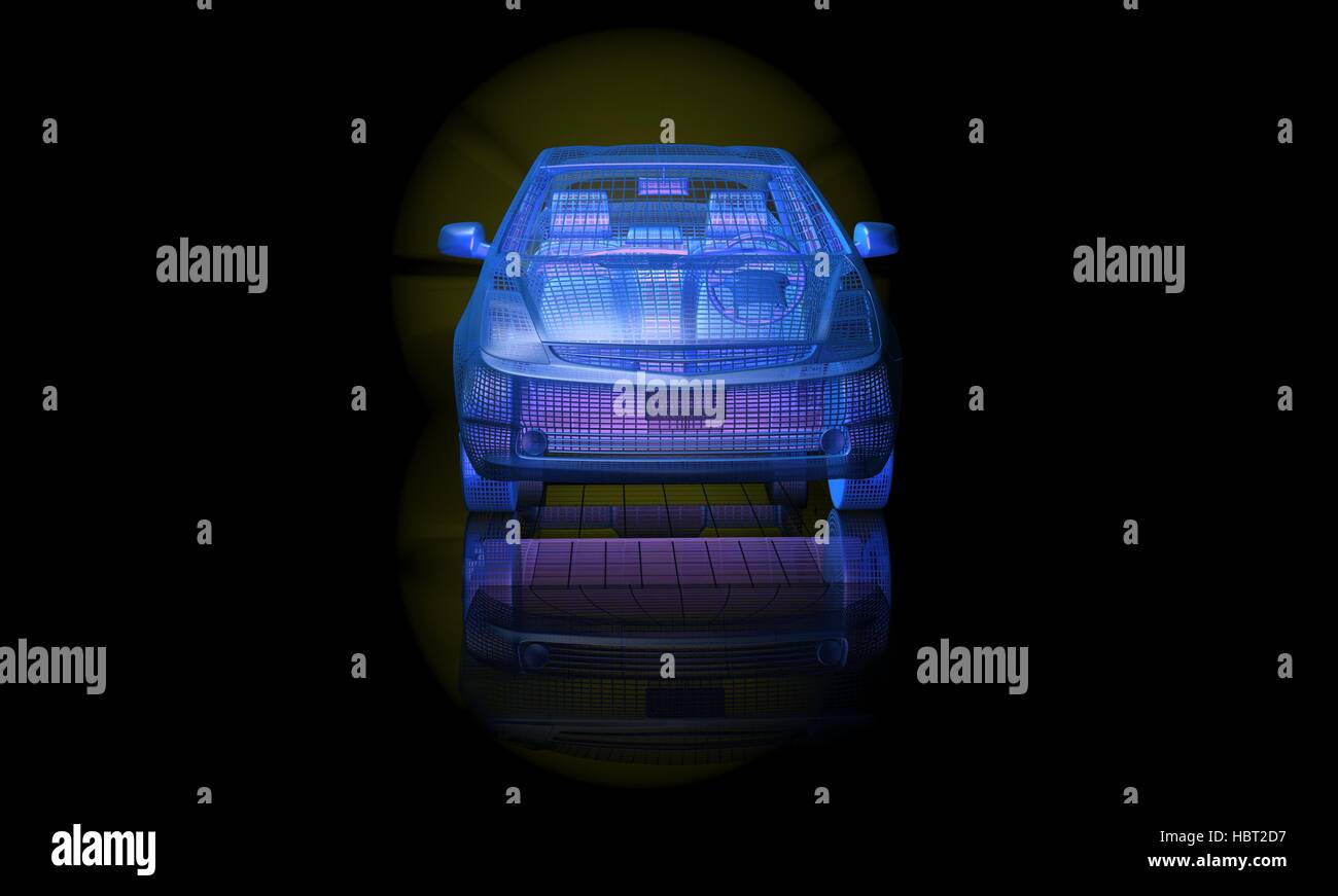 Trasparente blu telaio di filo elettrico auto. Vista frontale. 3D render Foto Stock