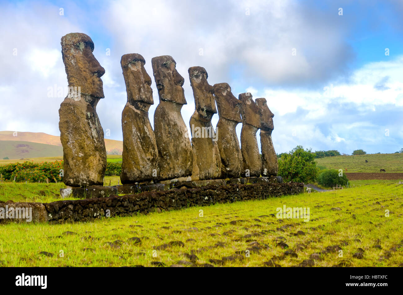 Sette Moai statue a guardare oltre l'isola di pasqua, Cile Foto Stock