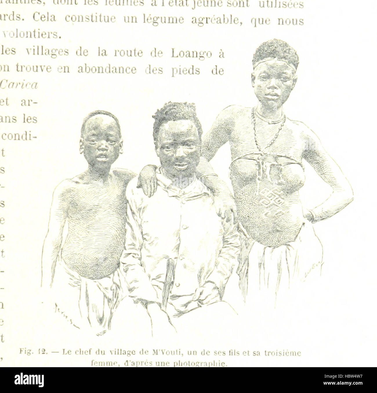 Questa pagina di "la Route du Tchad" illustra i viaggi lungo il percorso da Loango al fiume Chari. L'illustrazione raffigura paesaggi, fiumi, villaggi, foreste e la vita quotidiana delle comunità lungo il percorso in Africa centrale. Foto Stock
