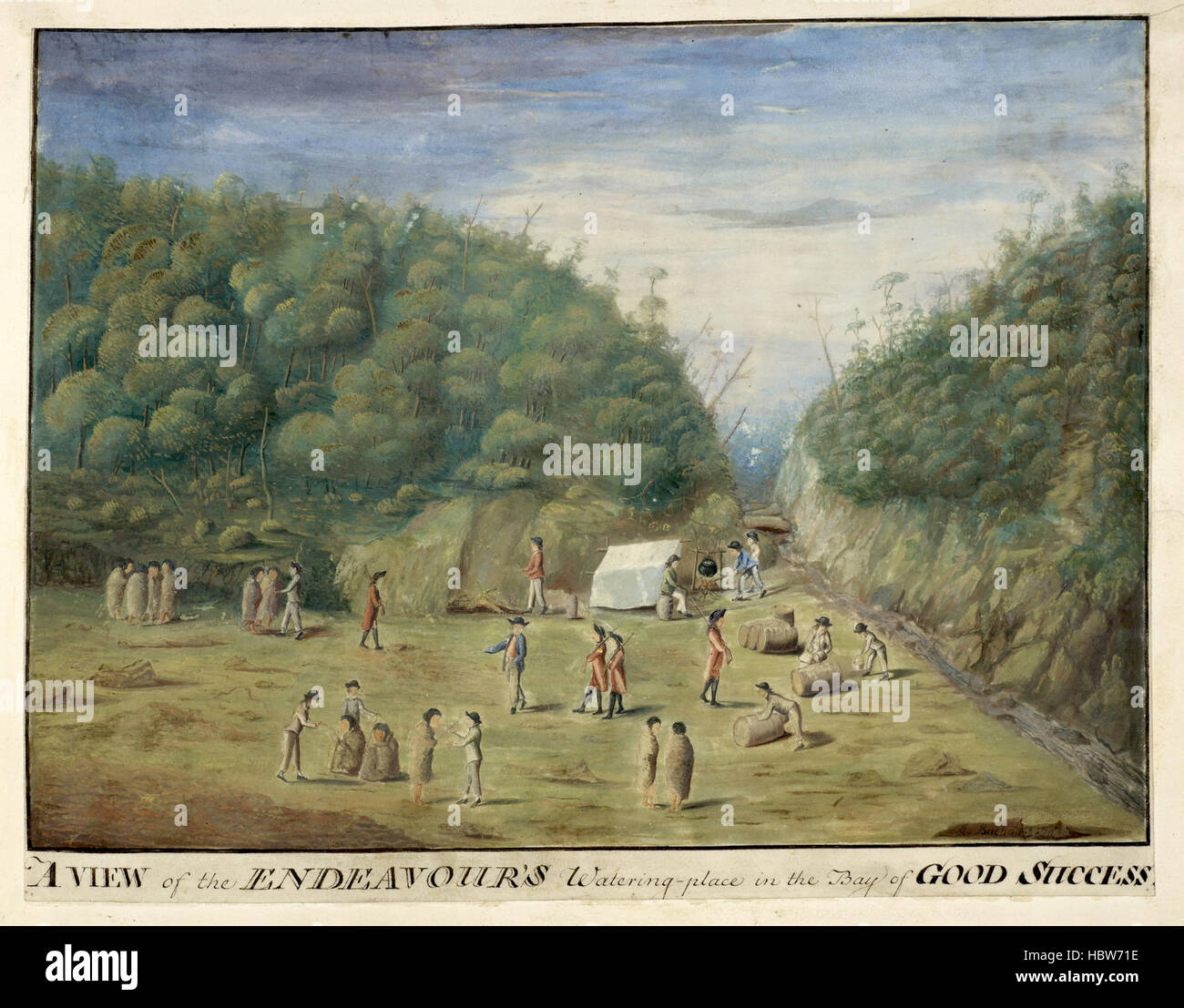 Una raccolta di disegni realizzati nei paesi visitati dal Capitano Cook nel suo primo viaggio. 1768-1771. - Didascalia: 'una vista del tentativo di innaffiamento del posto nella baia di buon successo, Tierra del Furgo, con i nativi. Gennaio 1769." Una raccolta di disegni realizzati nei paesi visitati da Foto Stock