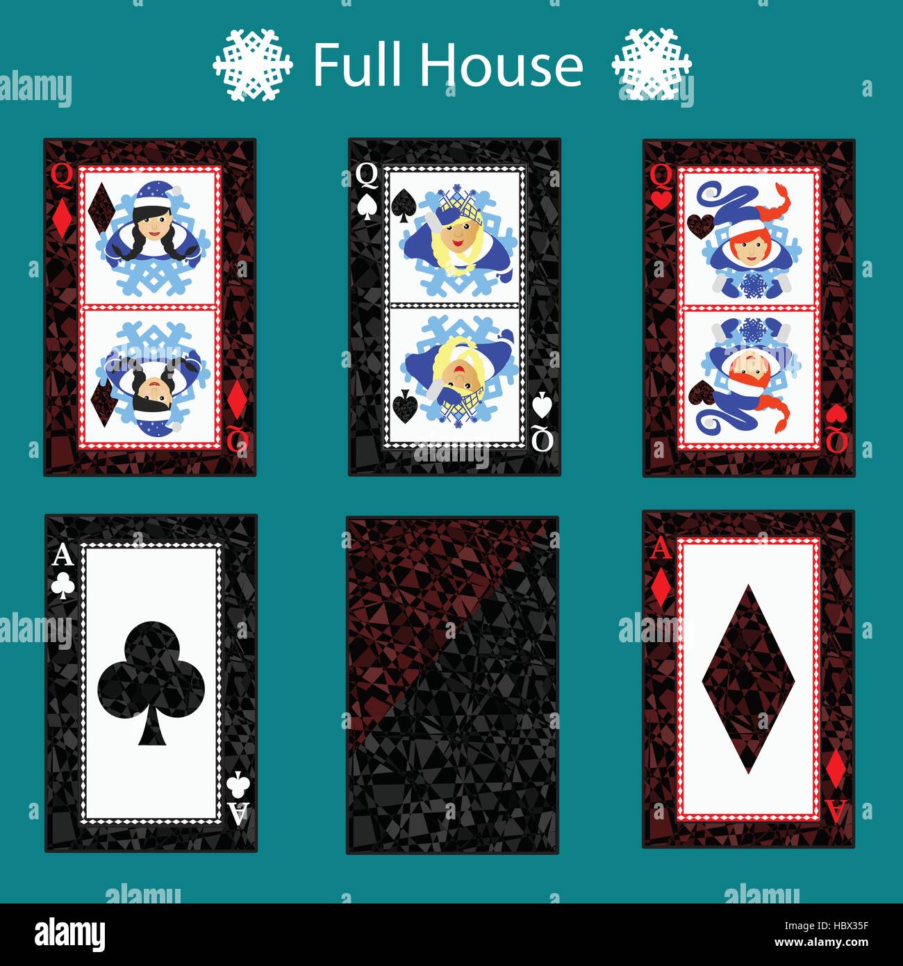 Full house carta da gioco poker combinazione. illustrazione vettoriale EPS 10. Su uno sfondo verde. Da utilizzare per la progettazione, la registrazione sui siti web, spogliatoio, Illustrazione Vettoriale