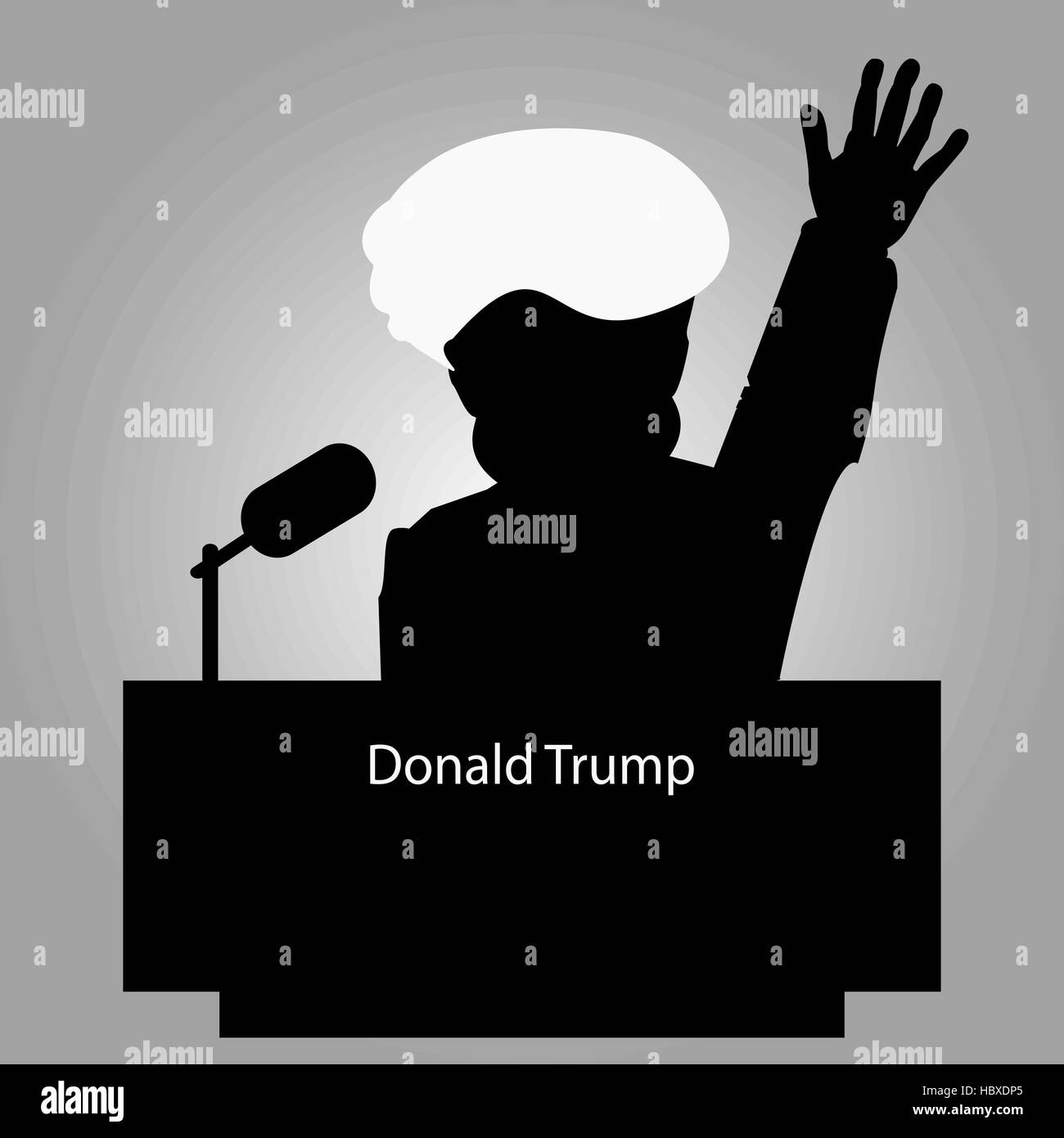 Donald Trump la tribuna una silhouette di un'icona per un'intervista, una mano. altoparlante di una conferenza stampa. Il microfono su uno sfondo luminoso. Vettore Illustrazione Vettoriale