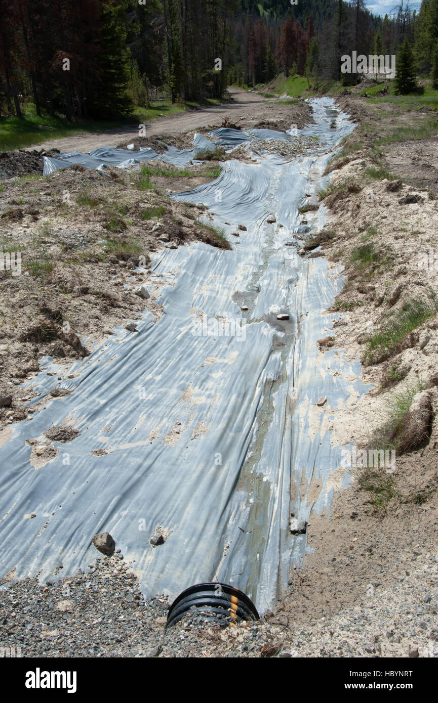 Il terreno è protetto dal confinamento nell'acqua a un deflusso di flusso in Marysville, Montana. Foto Stock