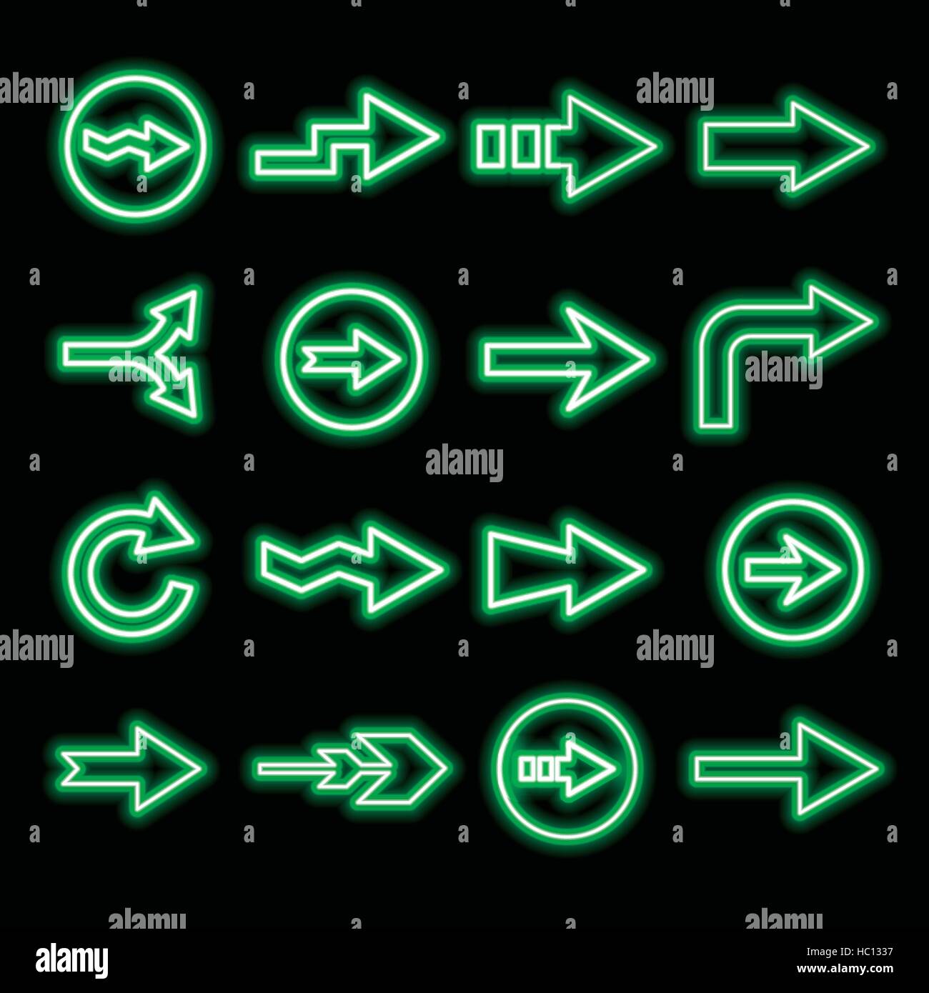 Moderno verde fluorescente frecce impostare isolato su nero Illustrazione Vettoriale