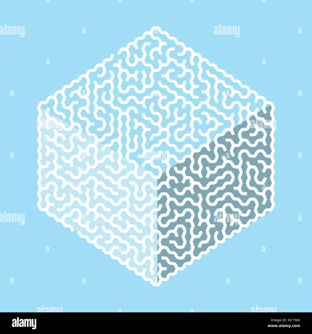Creative labirinto esagonali a forma di cubo isolato su sfondo blu Illustrazione Vettoriale