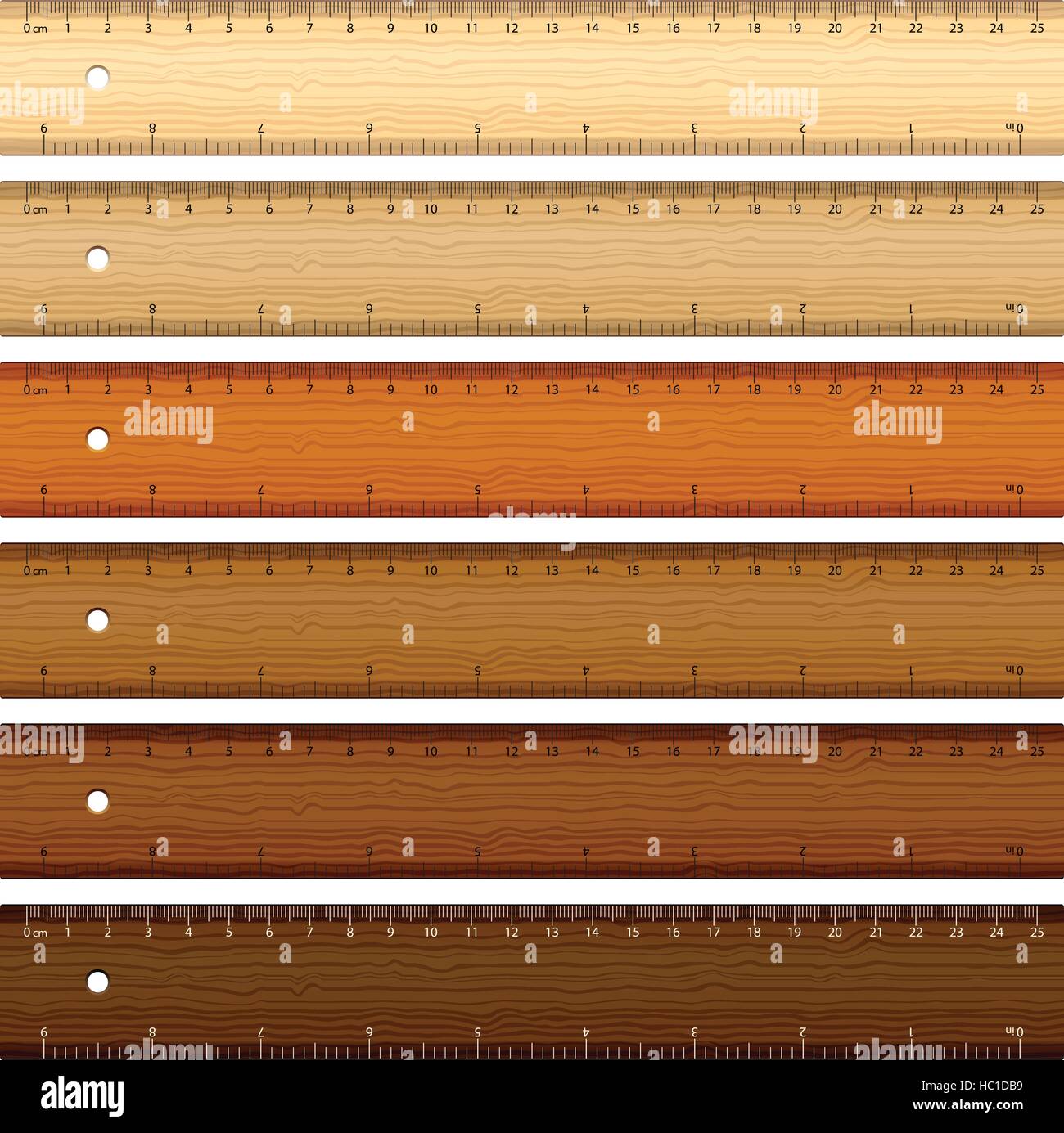 Sei i righelli di legno su sfondo bianco. Illustrazione Vettoriale. Illustrazione Vettoriale