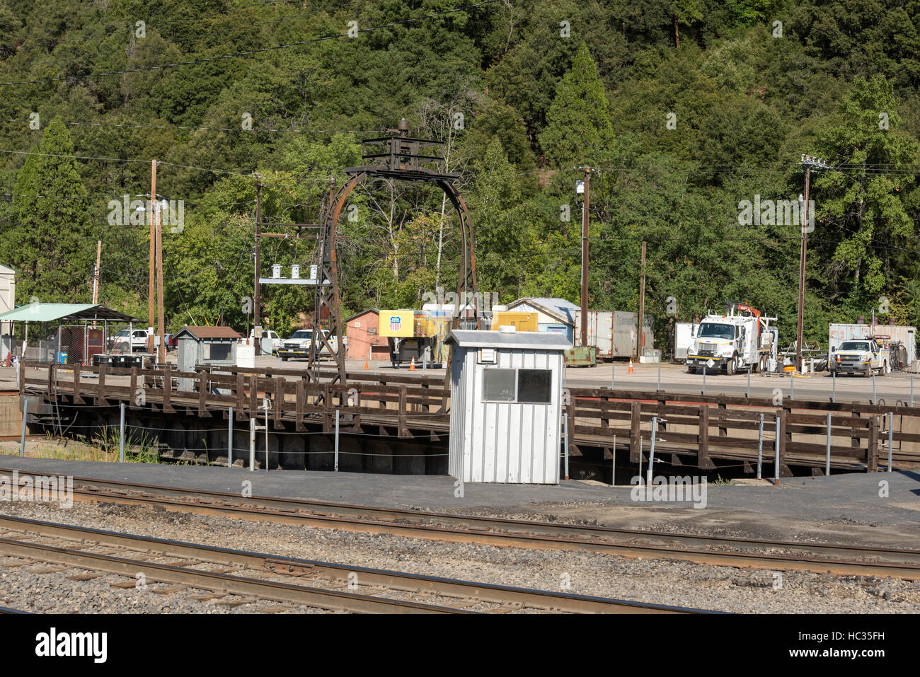 Locomotiva tavola nel Dunsmuir California cantiere ferroviario. Foto Stock