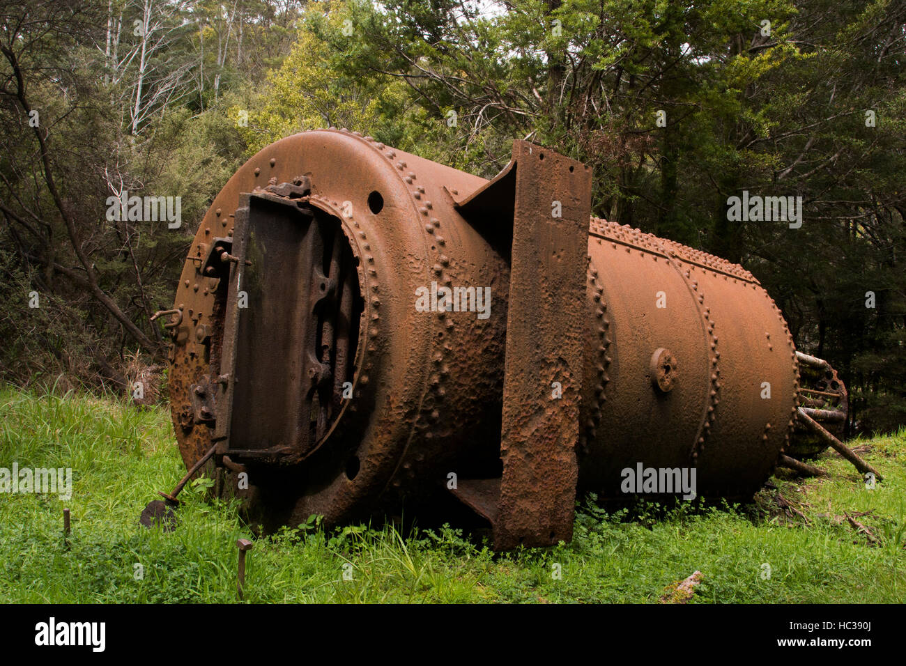 Lungo la linea ferroviaria di insenatura incantevole passeggiata di Watson Mill un arrugginito caldaia dalla vecchia segheria rimane. Foto Stock