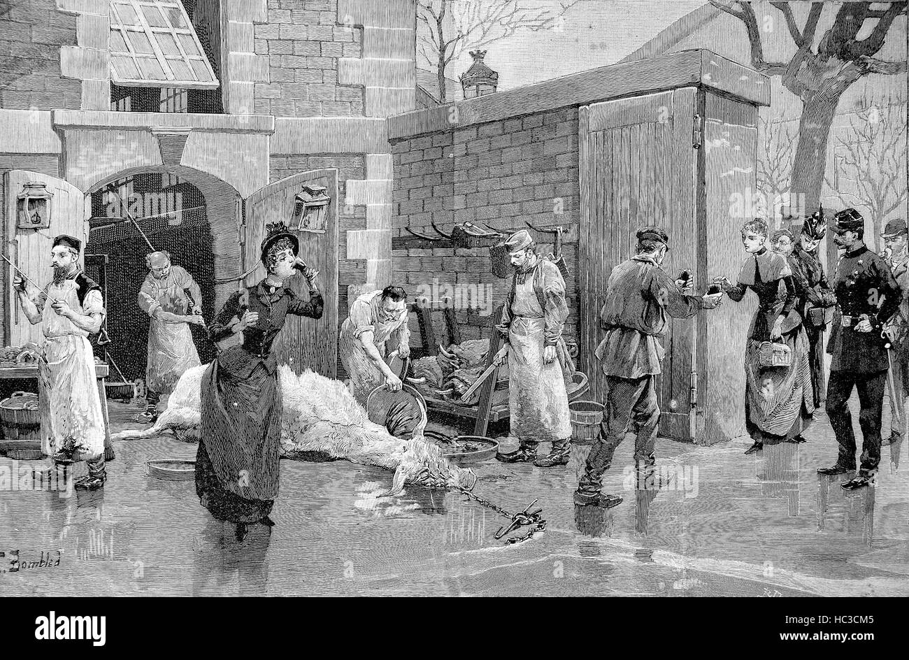 Bere il sangue in un macello a Parigi, Francia, storico illustrazione, xilografia, 1890 Foto Stock