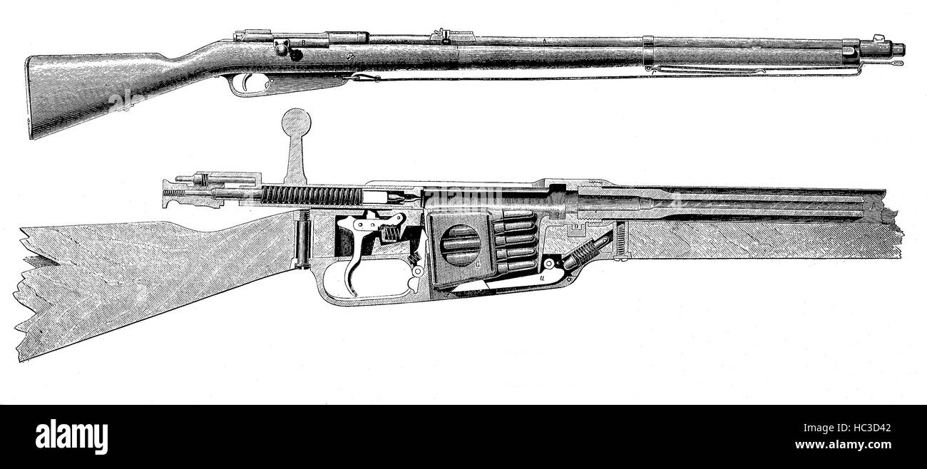 Il Gewehr 88, chiamato il modello 1888 Commissione fucile, un tardo XIX secolo tedesco fucile bolt action, adottato nel 1888, figura storica, xilografia, 1890 Foto Stock