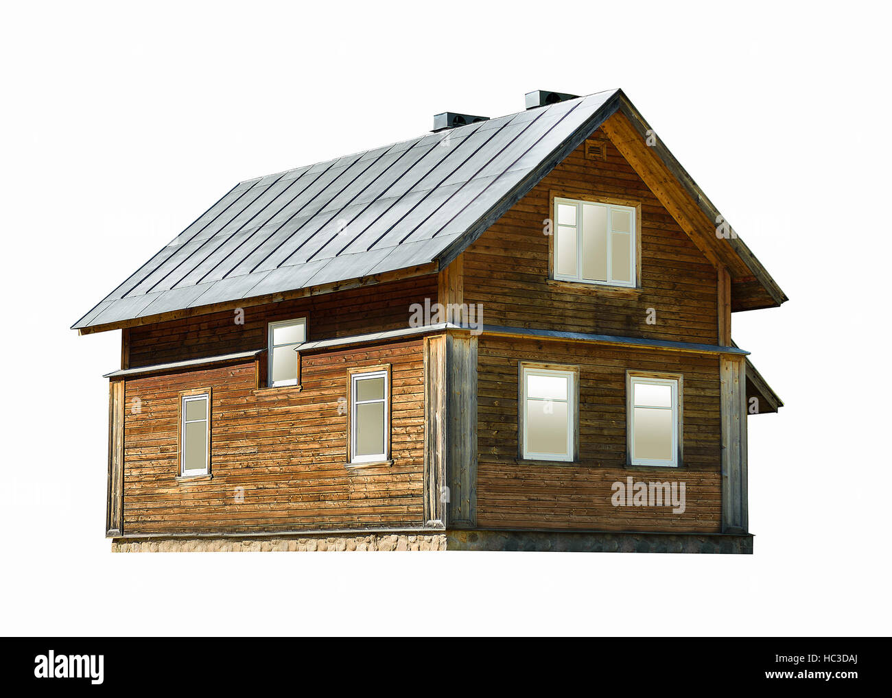 A due piani casa in legno isolato su sfondo bianco Foto Stock