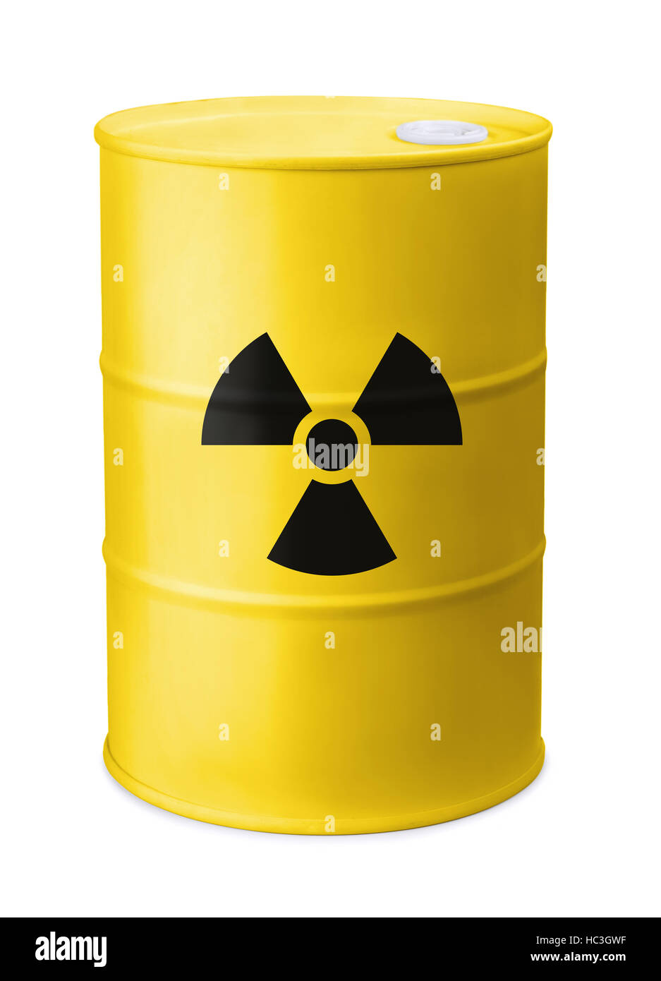 Vista anteriore della canna di colore giallo con radiazione segno isolato su bianco Foto Stock