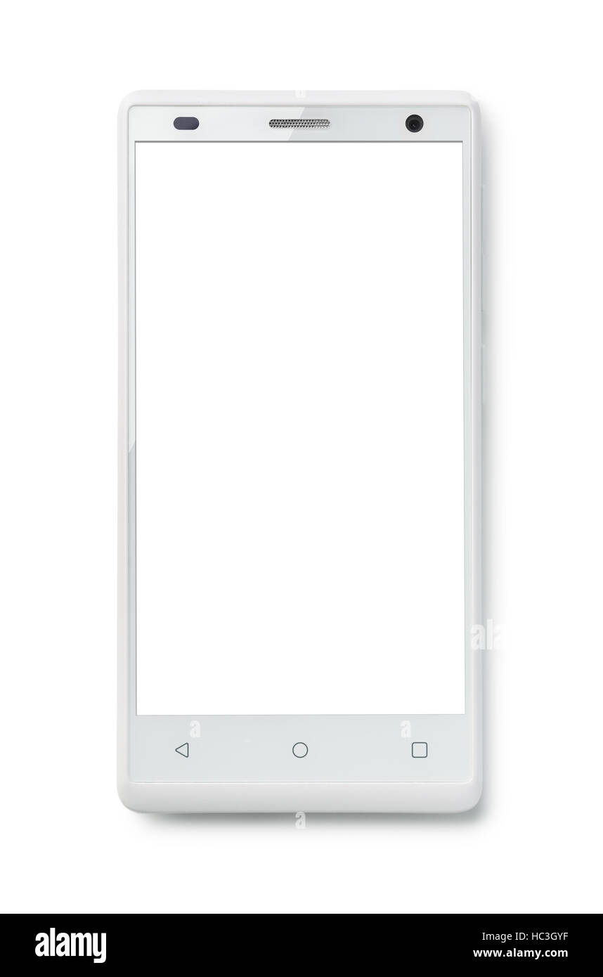 Vista superiore della moderna smartphone con schermo vuoto isolato su bianco Foto Stock