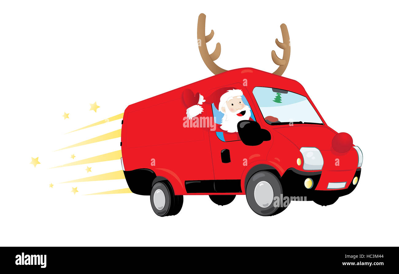 Un vettore cartoon che rappresenta un moderno Santa Claus guida rapida di un furgone rosso con corna e un grande naso rosso, offrendo presenta Foto Stock
