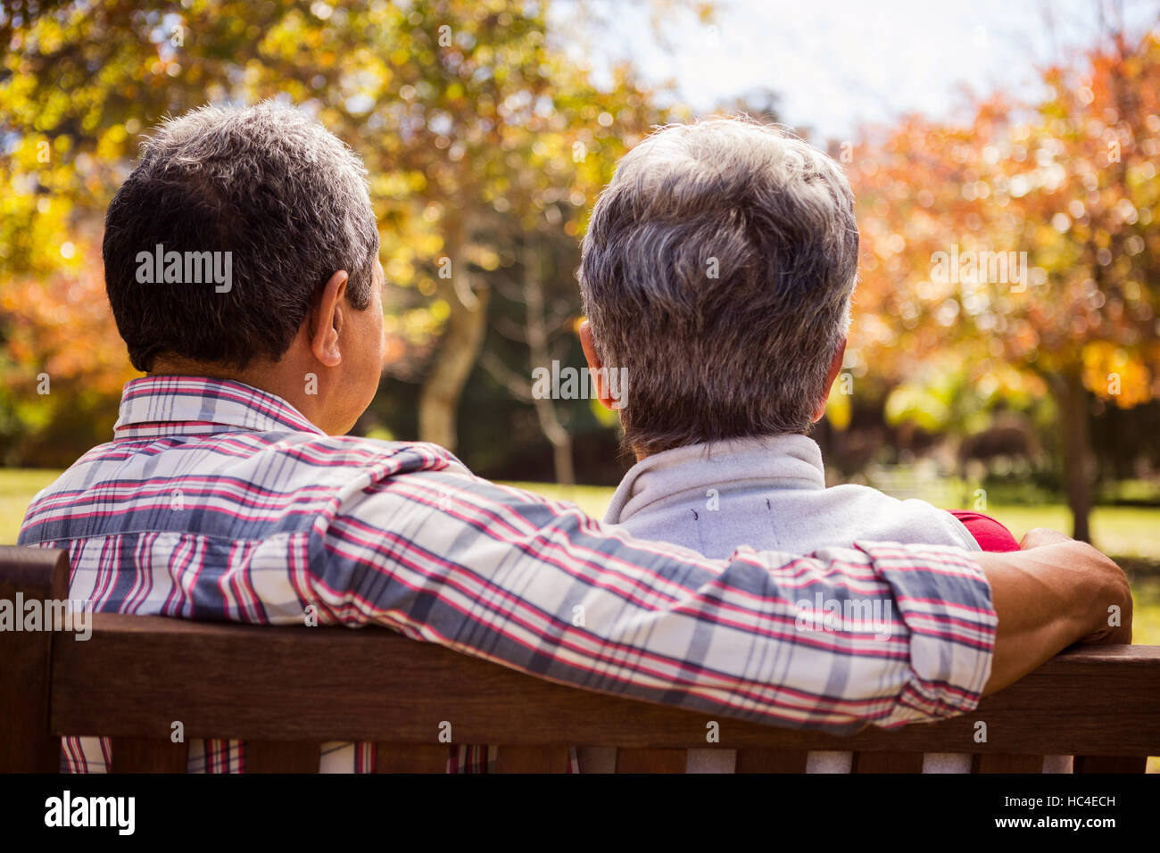 Coppia di anziani seduti sul banco di lavoro con la schiena per la fotocamera Foto Stock