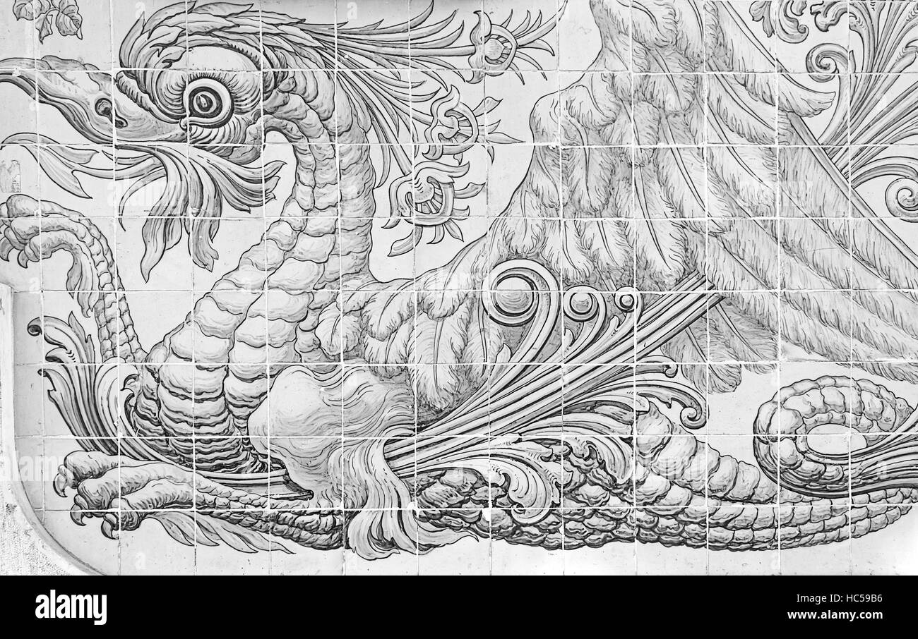 Piastrelle con dragon nella struttura di edificio, edificio Foto Stock