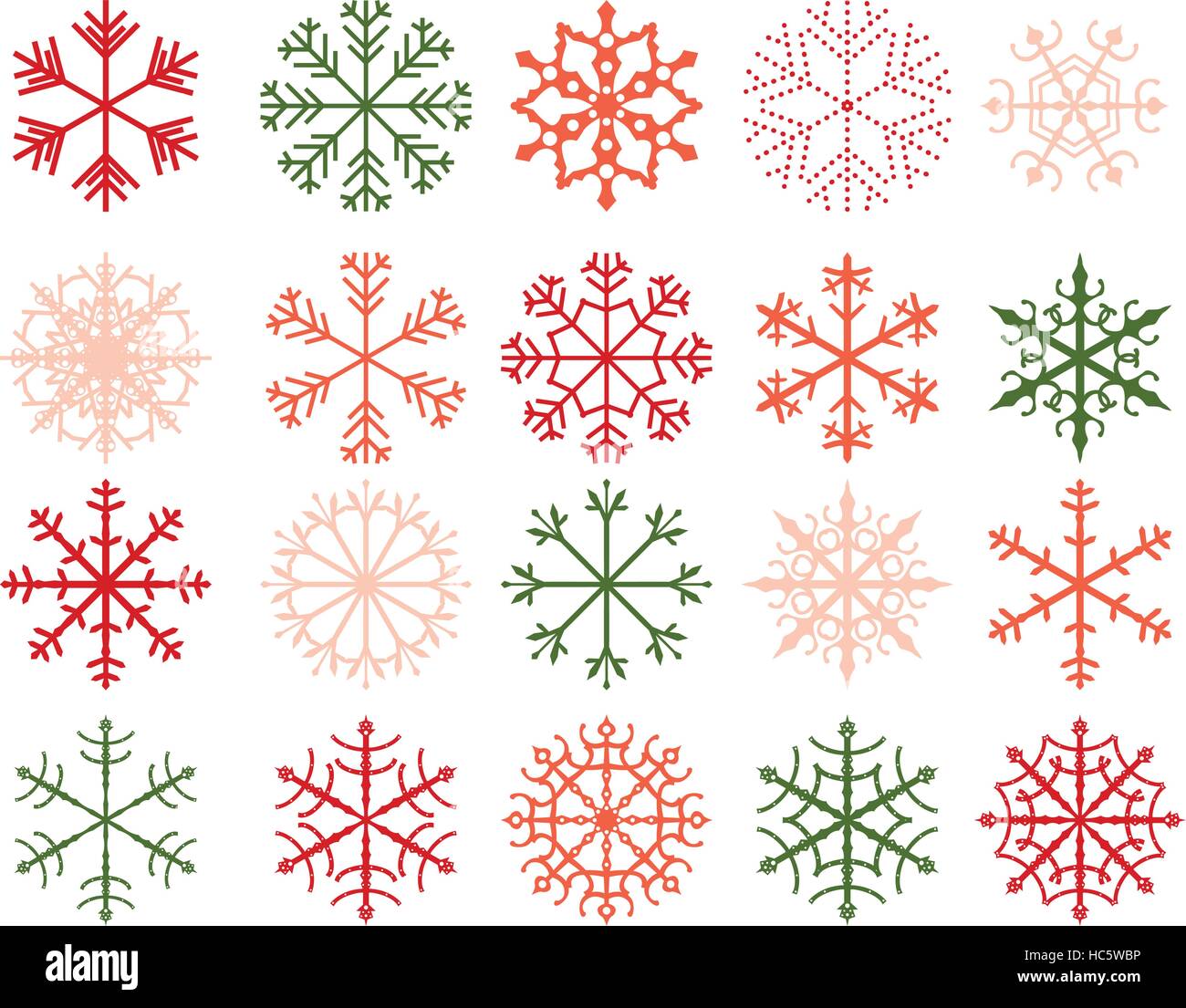 Il simbolo del fiocco di neve invernale progetta, astratte forme geometriche in verde, rosso e colori rosa Illustrazione Vettoriale