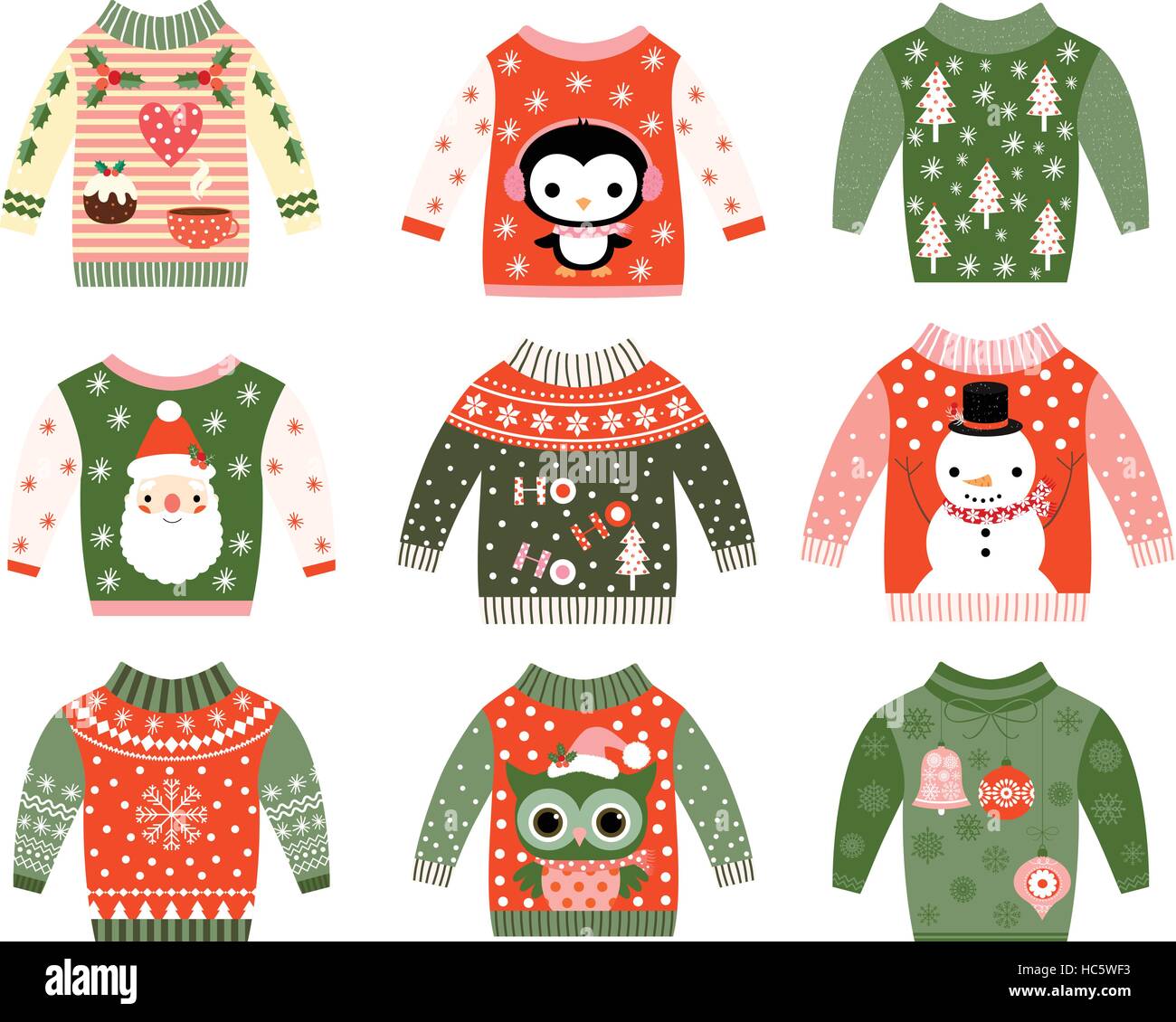 Carino brutto maglione di Natale design set di vettore, Maglione invito alla festa della raccolta di clipart in colori rosso e verde Illustrazione Vettoriale