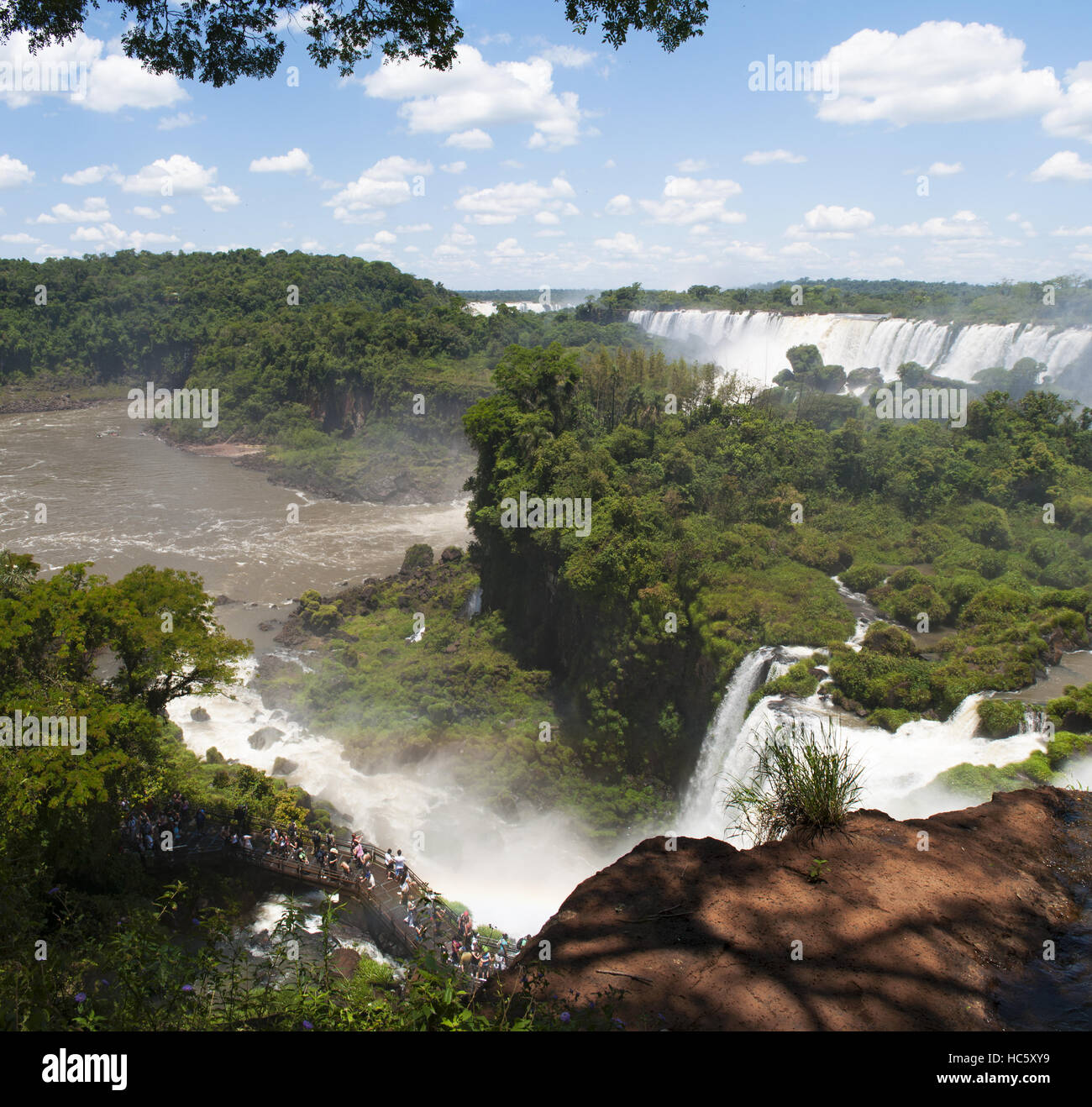 Iguazu: foresta pluviale e vista panoramica delle Cascate di Iguassù, generato dal fiume Iguazu, una delle più importanti attrazioni turistiche di America Latina Foto Stock