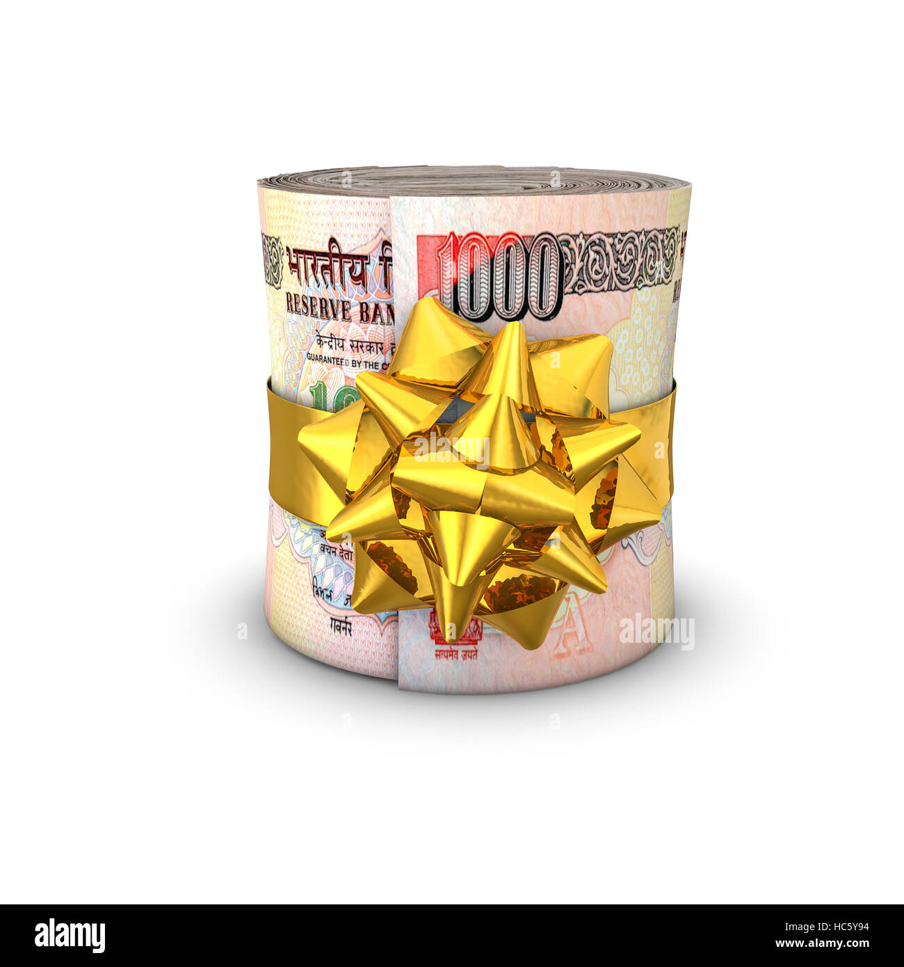 Rotolo di denaro dono rupees / 3D illustrazione di arrotolato mille rupee note legate con nastro Foto Stock
