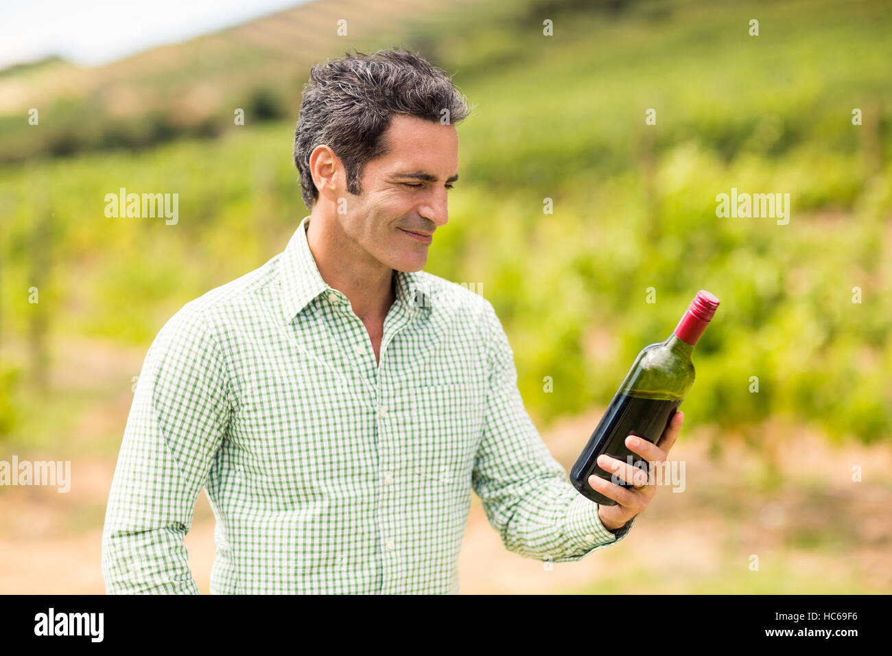 Sorridente vignaiolo guardando una bottiglia di vino Foto Stock