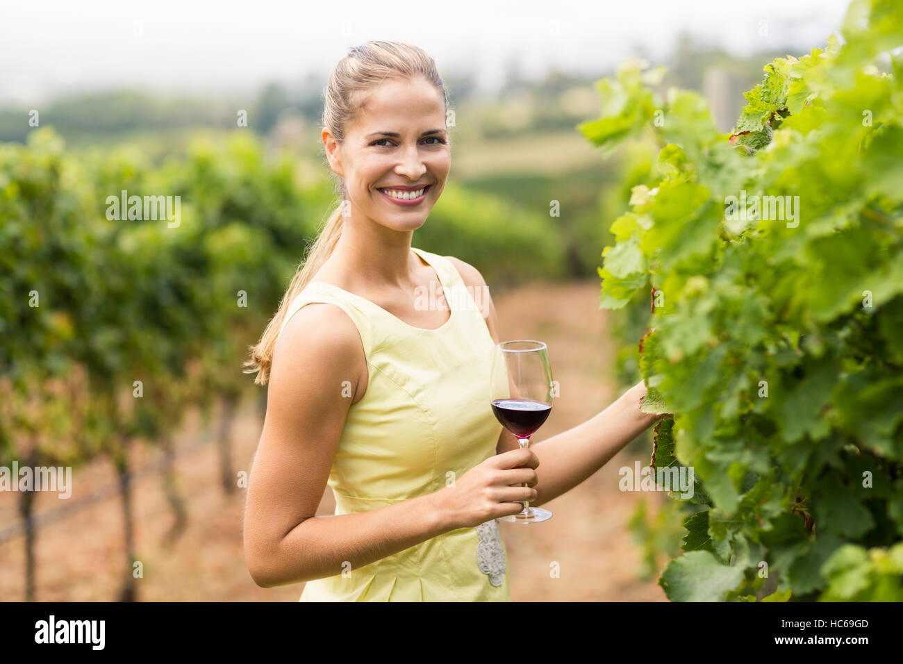 Ritratto di donna vignaiolo tenendo il vino e il vetro di ispezione di raccolto di uve Foto Stock