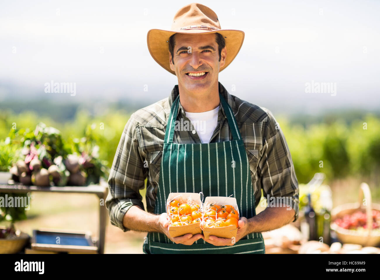 Ritratto di un agricoltore sorridente della scatola di contenimento di frutta Foto Stock