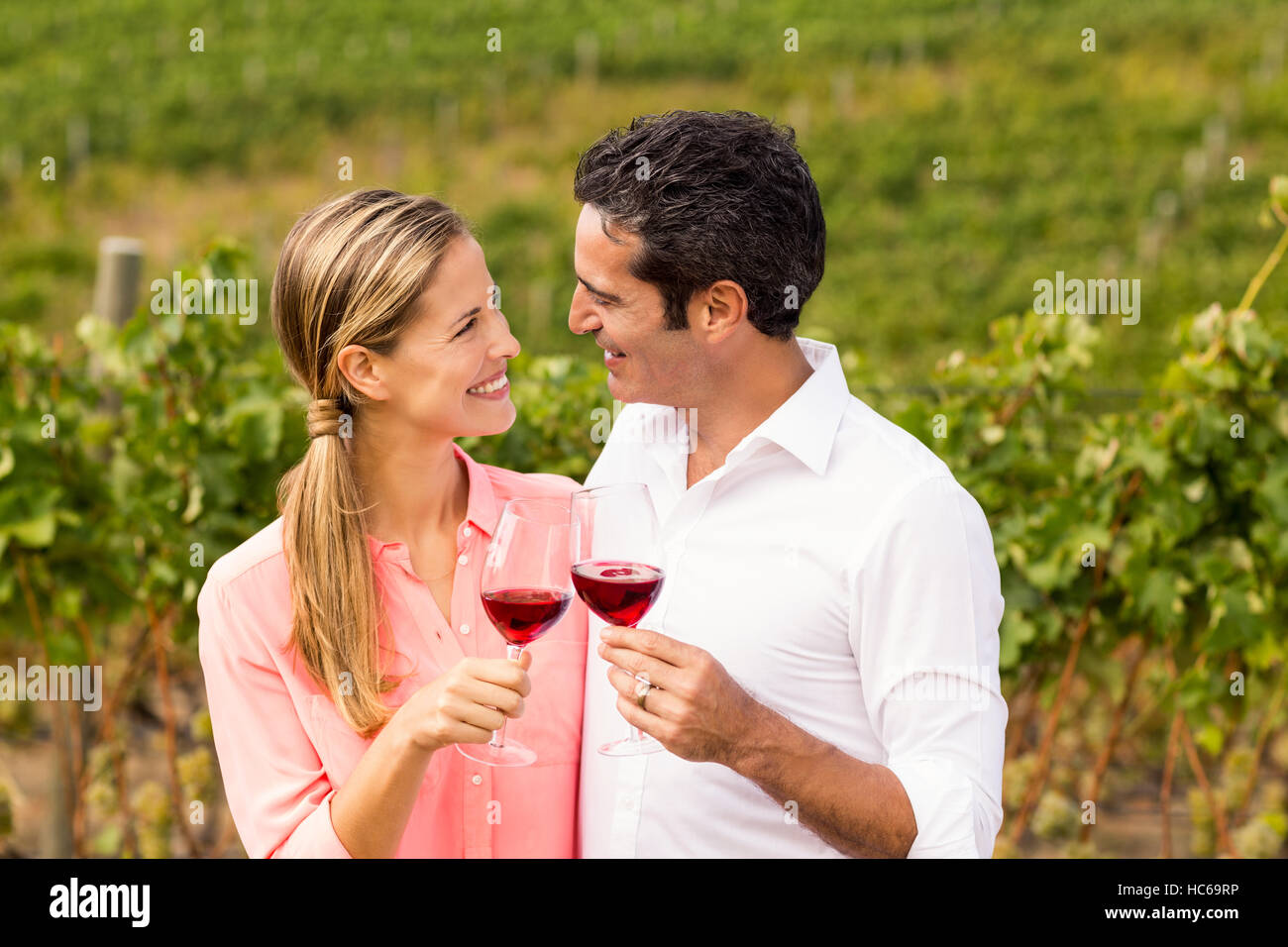 Coppia felice la tostatura di bicchieri di vino Foto Stock