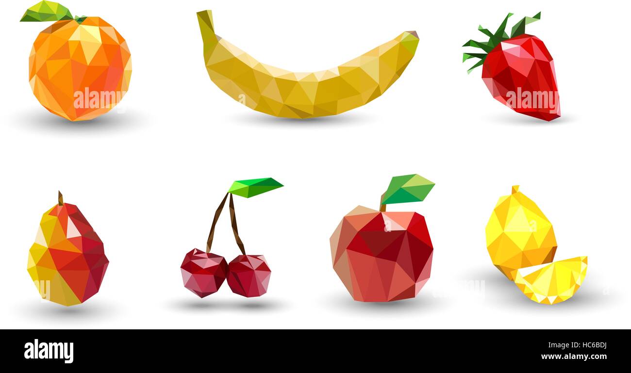 Set di frutta di poligoni . Apple, limone , ciliegia, banana, arancio, s Illustrazione Vettoriale