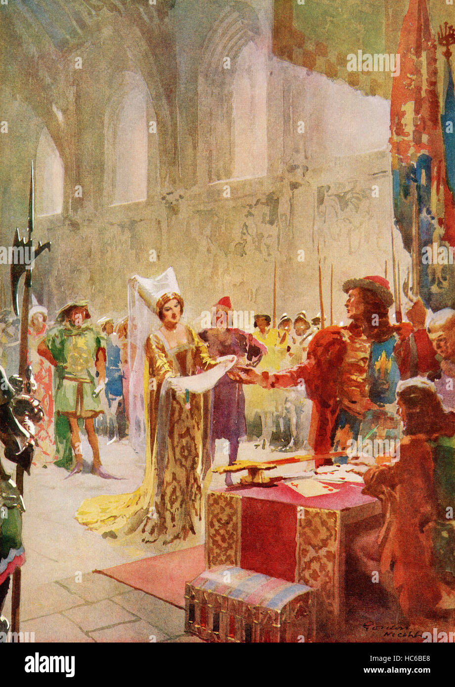 La Corte di rivendicazioni durante il regno di Edoardo V nel XV secolo. Questa cerimonia riguarda l' audizione dei firmatari delle petizioni che rivendicano il diritto di eseguire qualche ufficio presso la cerimonia di incoronazione di un monarca. Da loro graziose maestà il Re Giorgio VI e la Regina Elisabetta, pubblicato nel 1937. Foto Stock