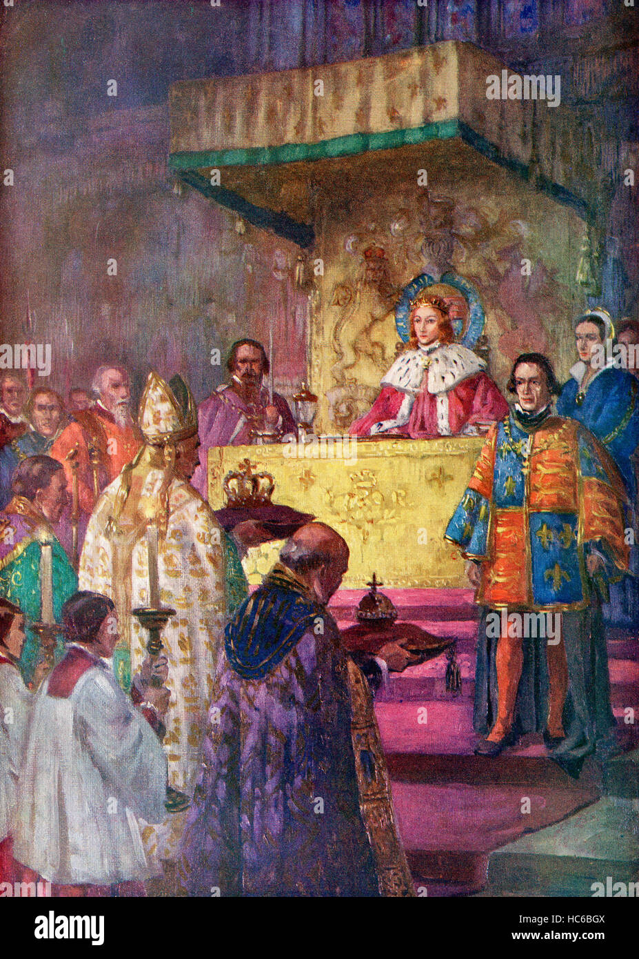 La cerimonia di incoronazione della Regina Elisabetta, condotta dall'Arcivescovo di Canterbury, 12 maggio, 1937. Elizabeth Angela Marguerite Bowes-Lyon, 1900 - 2002. Regina consorte del Regno Unito e signorie come la moglie del re George VI. Da loro graziose maestà il Re Giorgio VI e la Regina Elisabetta, pubblicato nel 1937. Foto Stock