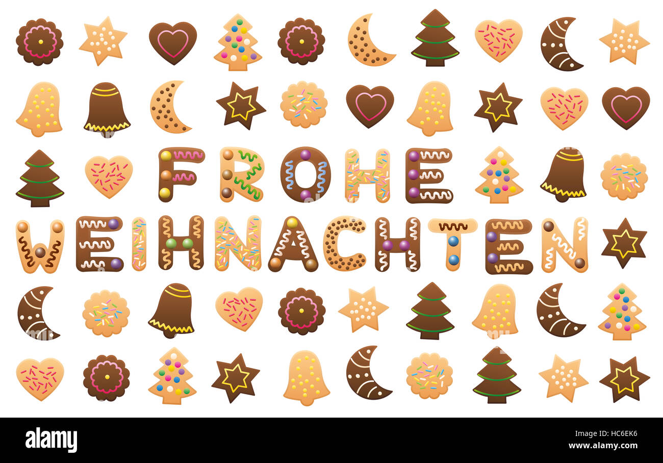 FROHE WEIHNACHTEN - Buon Natale in tedesco, scritto tra i biscotti di Natale e gingerbread cookie. Foto Stock